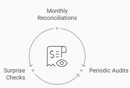 Circular process diagram with three steps surrounding a receipt icon: Monthly Reconciliations at the top, Periodic Audits on the right, and Surprise Checks on the left, connected by arrows in a loop.