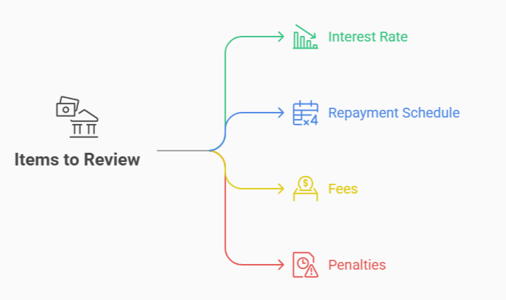 Visual list of loan items to review: interest rate, repayment schedule, fees, and penalties.