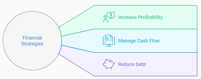 Diagram showing financial strategies including increase profitability, manage cash flow, and reduce debt.