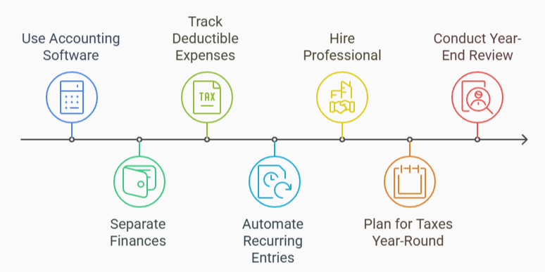 A horizontal timeline showing six steps for small business tax preparation: Use Accounting Software, Separate Finances, Track Deductible Expenses, Automate Recurring Entries, Hire Professional, and Conduct Year-End Review. Each step is represented with a colored icon and line connection.