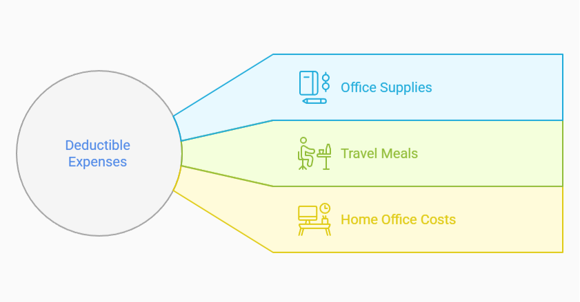 Deductible Expenses” showing three color-coded categories extending from a central circle: blue for Office Supplies, green for Travel Meals, and yellow for Home Office Costs.