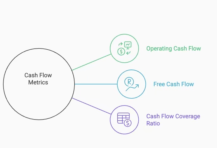 Diagram illustrating cash flow metrics, including operating cash flow, free cash flow, and cash flow coverage ratio branching from a central cash flow metrics icon.
