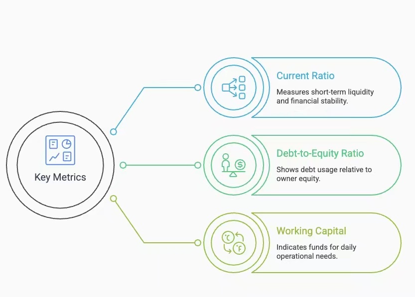 Visual overview of key financial metrics highlighting current ratio, debt-to-equity ratio, and working capital with brief explanatory descriptions.