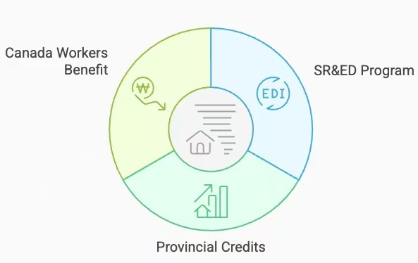 Diagram showing Canadian tax credits, including Canada Workers Benefit, SR&ED Program, and provincial tax credits.