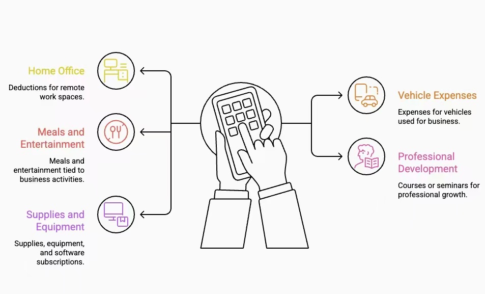 Illustration of common business tax deductions, including home office, meals and entertainment, supplies and equipment, vehicle expenses, and professional development.