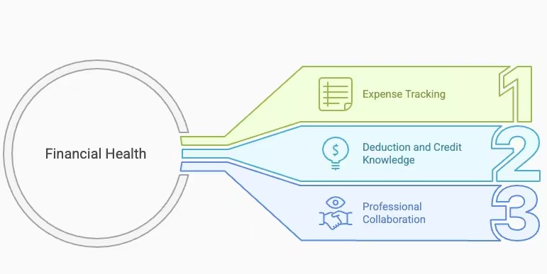 Visual showing steps to improve financial health through expense tracking, tax deduction and credit knowledge, and professional collaboration.