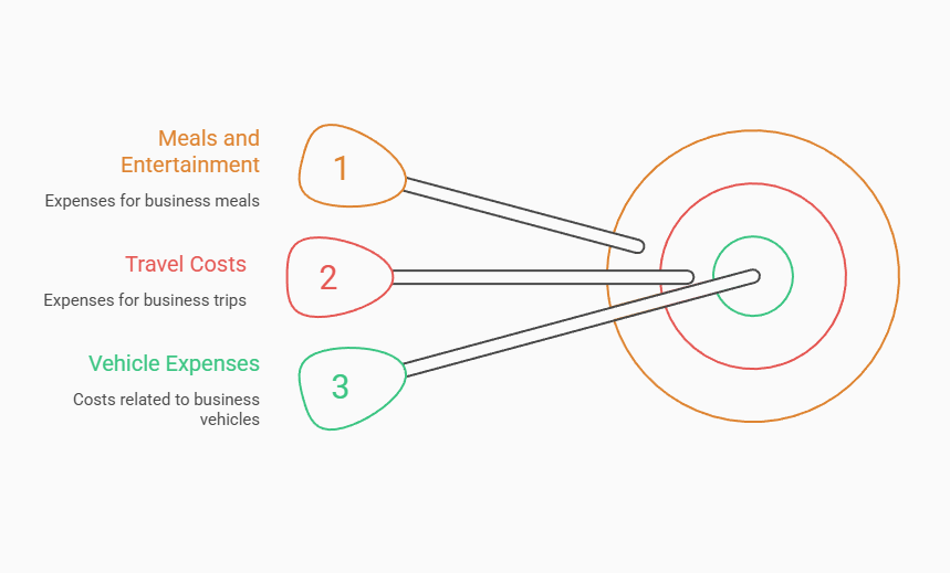 Business expense categories illustration highlighting meals and entertainment, travel costs, and vehicle expenses which can trigger CRA audit.