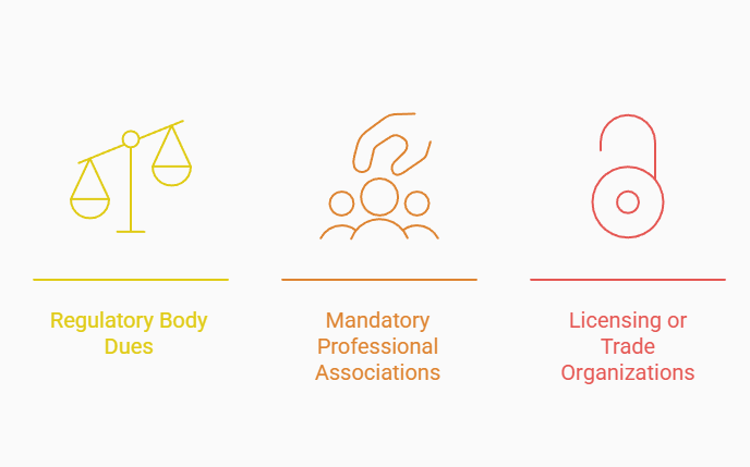 Three icons illustrating professional and regulatory dues remain personally deductible: regulatory body dues, mandatory professional associations, and licensing or trade organizations.