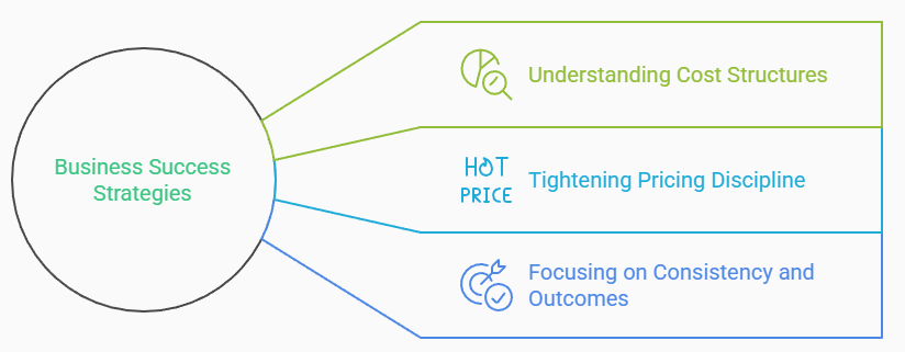 Diagram shows business success strategies including understanding true cost structures, tightening pricing and focusing on consistency and outcomes.