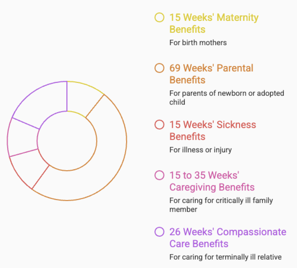 Donut chart and list showing different types of EI benefits with durations and descriptions for eligibility.