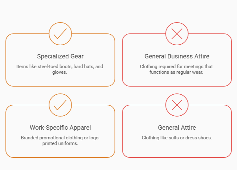 Deductible_vs_Non_Deductible_Business_Clothing_Expenses Comparison showing deductible work clothing such as specialized gear and branded uniforms versus non-deductible general business attire.