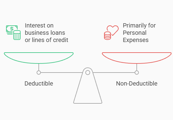 Deductible_vs_Non_Deductible_Interest_Expenses Balance scale comparing deductible interest on business loans or lines of credit with non-deductible interest for personal expenses.